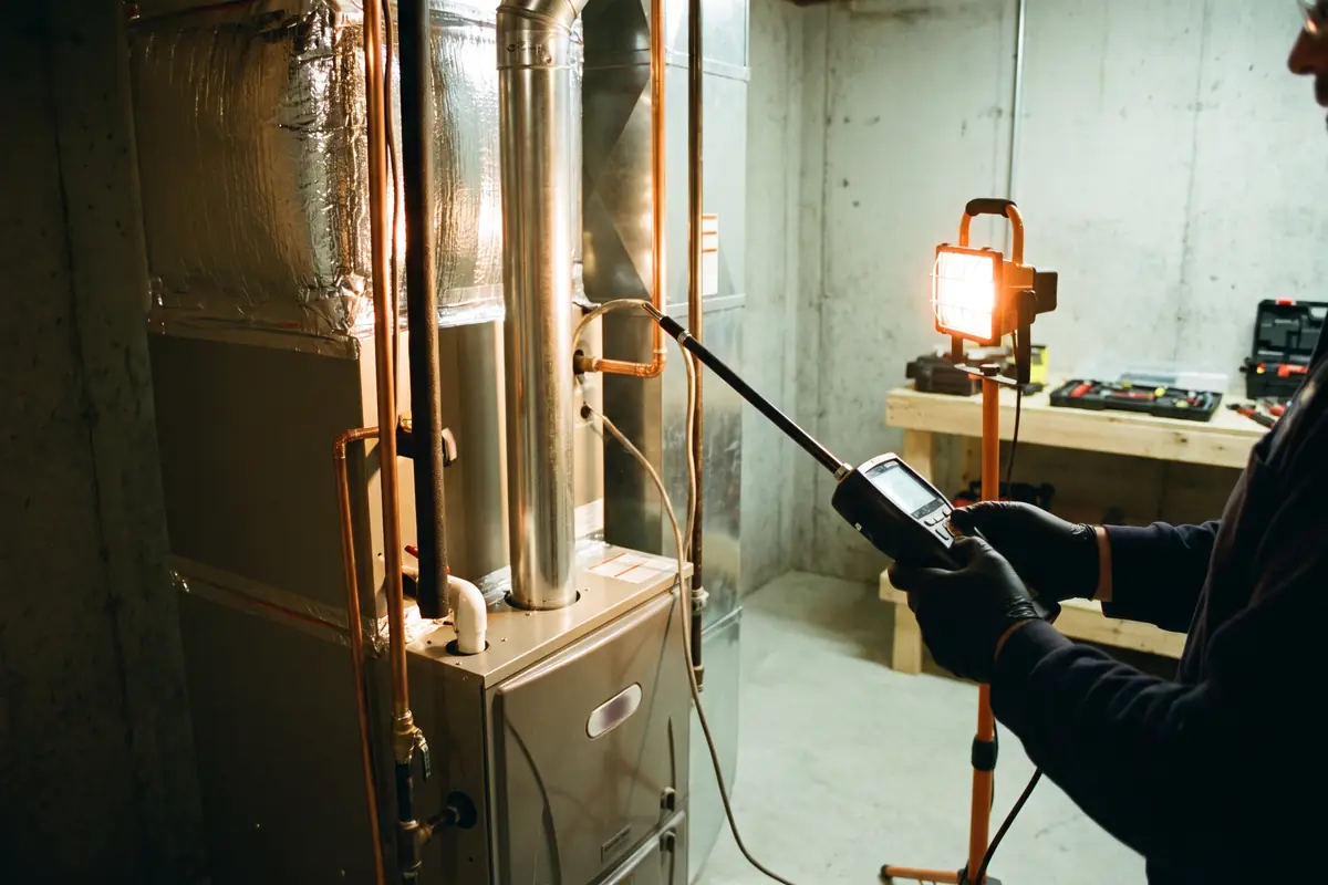 A modern high-efficiency gas furnace and insulated ductwork in a clean, well-lit residential basement