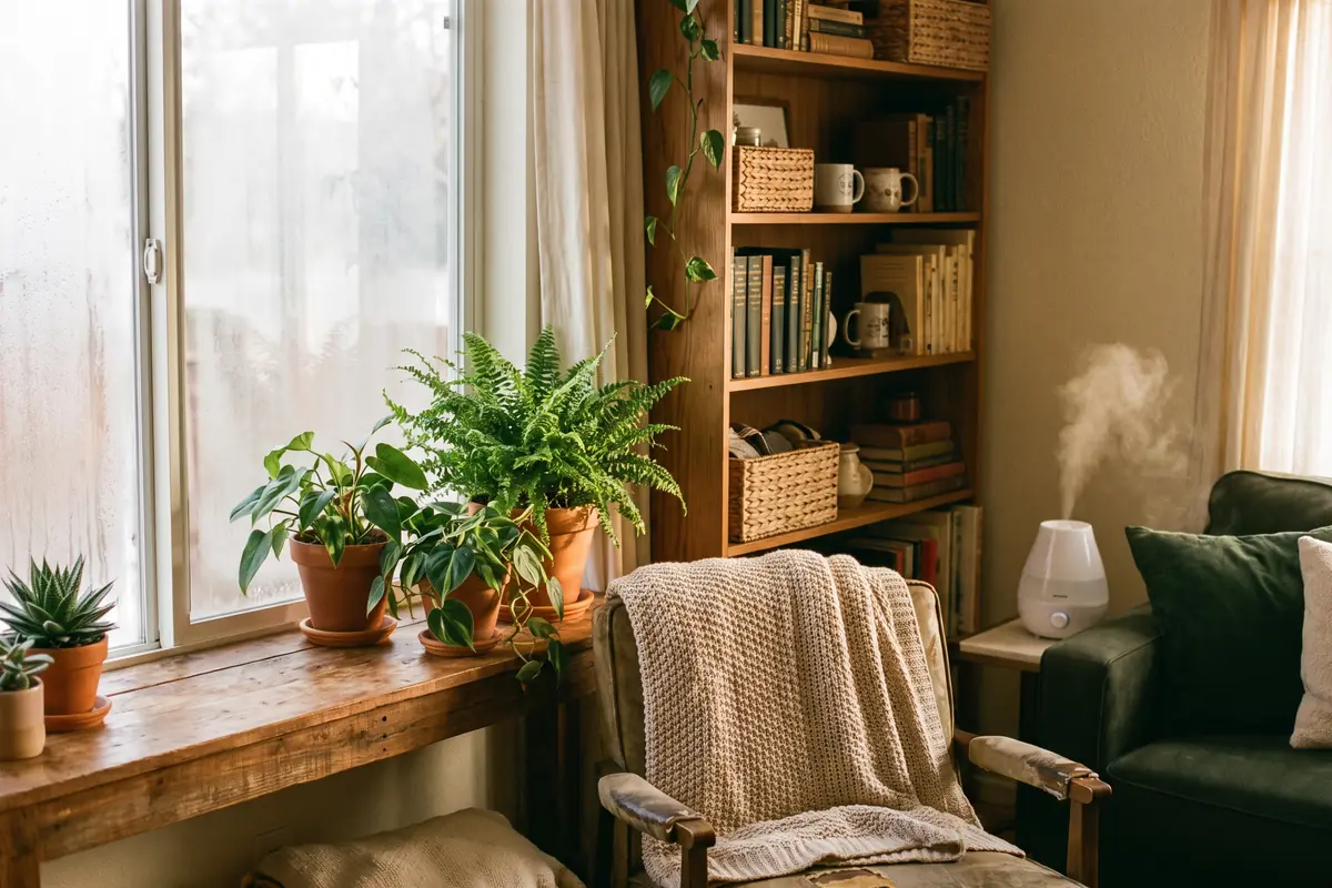 Healthy green houseplants on a sunny windowsill in a warm winter living room