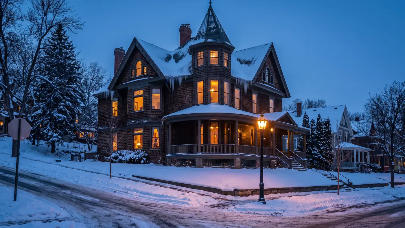 A Victorian home with a wrap-around porch on a snowy Saint Paul street at twilight