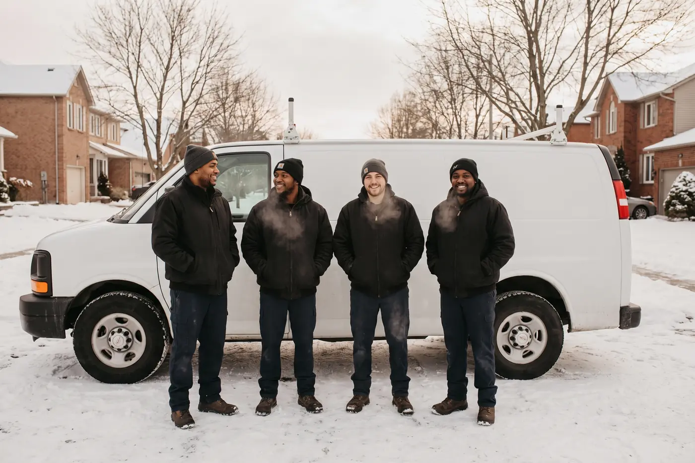 A small group of heating and cooling technicians standing in front of a service van on a snowy residential street