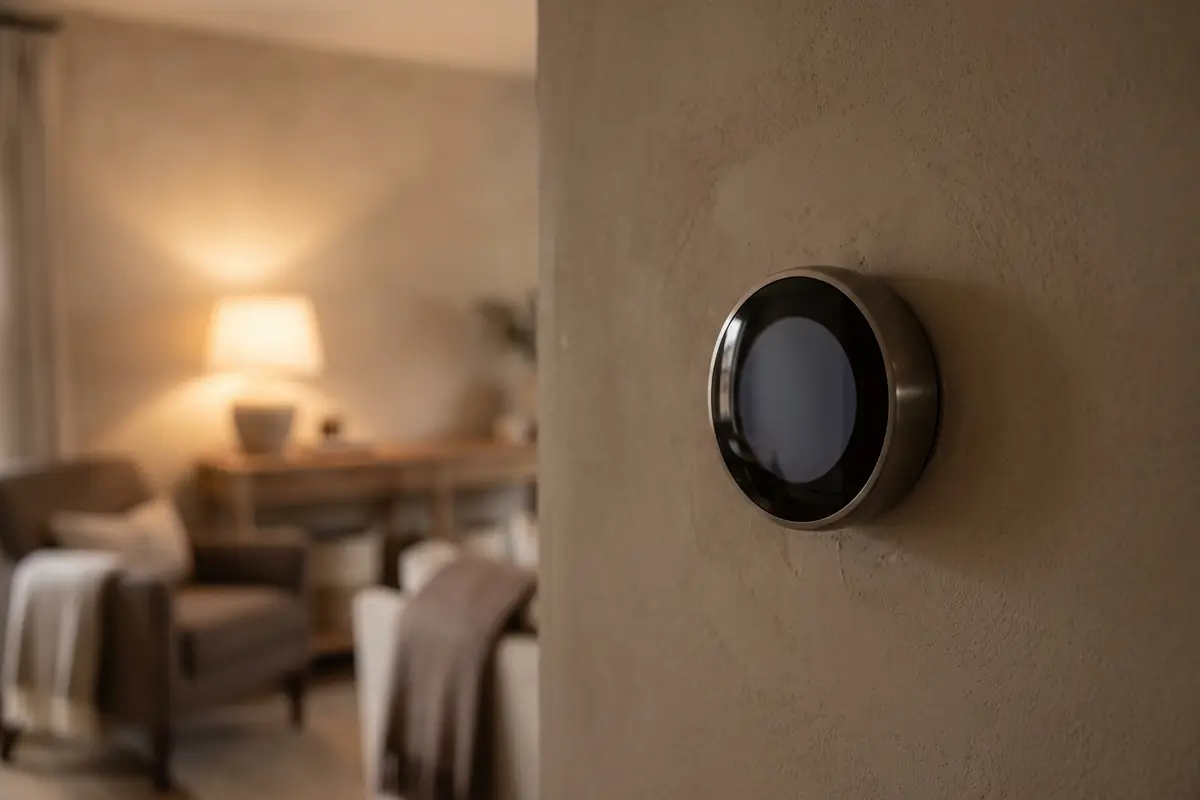 A thermostat on a warm hallway wall with a softly lit room behind
